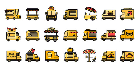 Food truck icons set. Outline set of food truck vector icons for web design isolated on white background