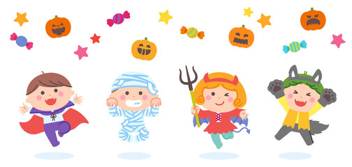 Fototapeta na wymiar Children jumping in Halloween ghost costumes