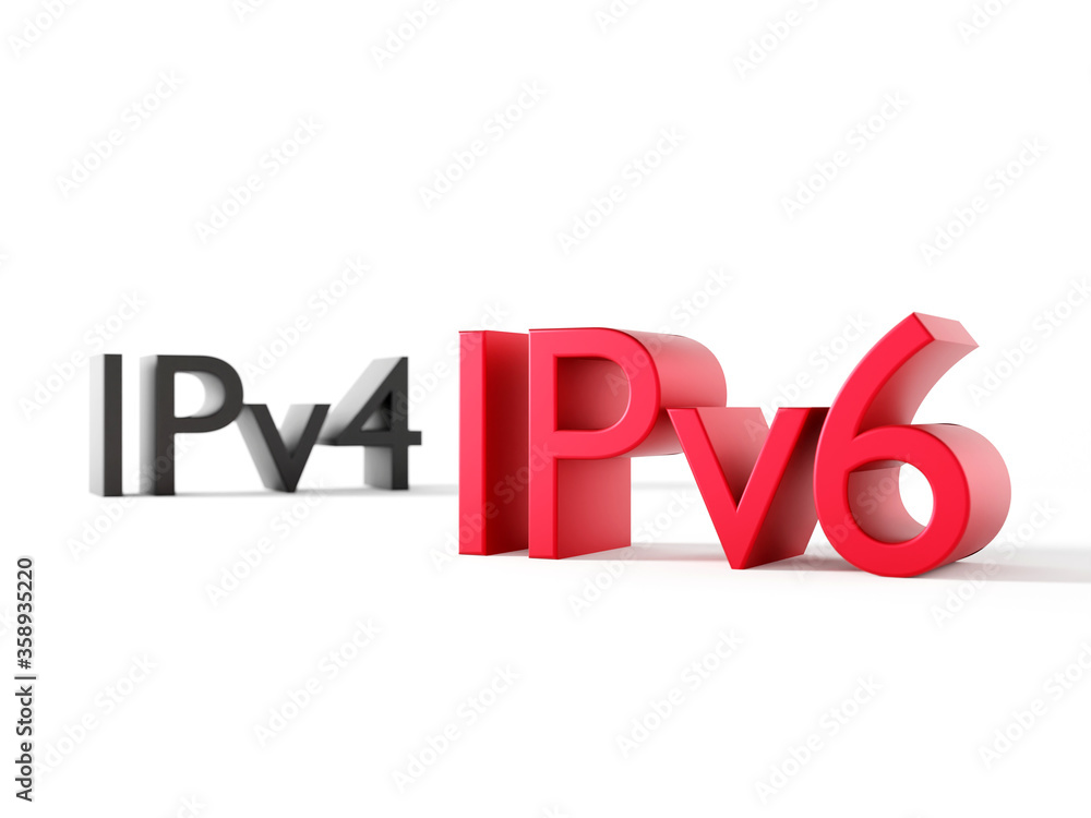 Poster IP address type symbols IPv4 and IPv6 - Internet Protocol version 6 and old version 4 3D render with focus depth of field	