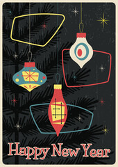 Happy New Year Greeting Card, Mid Century Modern Postcard Style, Christmas Decorations, Vintage Colors, Grunge Texture Pattern 