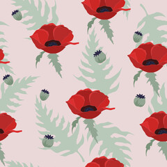 Vector seamless pattern with blossomed red poppies and green leaves. Isolated flowers - 358936413