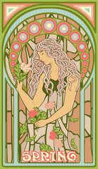 Spring woman in art nouveau style, vector illustration	