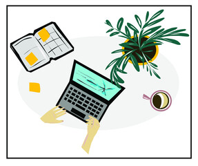 Vector image of a laptop, mugs with coffee, cocoa, a flower in a pot, notebooks, pens, stickers. Isolated images for a set about desktop accessories, laptop, notebook, work at the table.
