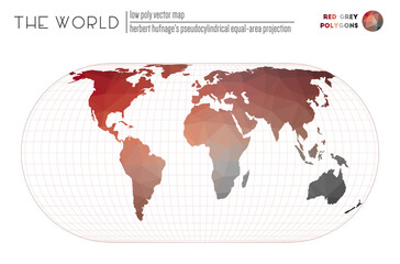 Low poly world map. Herbert Hufnage's pseudocylindrical equal-area projection of the world. Red Grey colored polygons. Energetic vector illustration.
