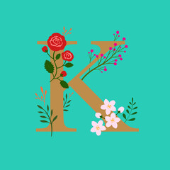 Whimsical floral botanical monogram alphabet - capital K vector elements with turquoise background and gold color type