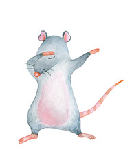 Rat dancing dab.  Watercolor illustration isolated on white.