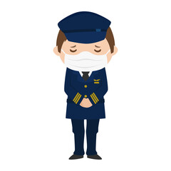 感染予防の為にマスクをした男性パイロット。悲しい顔で謝罪のお辞儀をしてるイラスト。