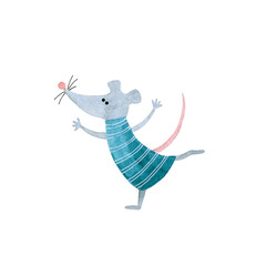 Dancing rat in funny blue with white stripes suit. Watercolor illustration isolated on white.