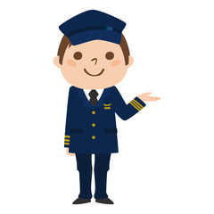 旅客機の男性パイロットが笑顔で案内してるイラスト。