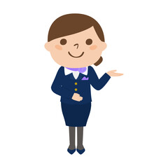 笑顔で案内してる若い女性客室乗務員のイラスト。