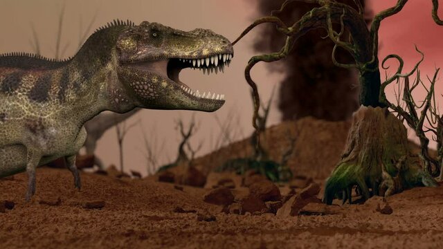 Dinosaur. Prehistoric Jungle, landscape, valley with Dinosaurs. realistic animation and motion