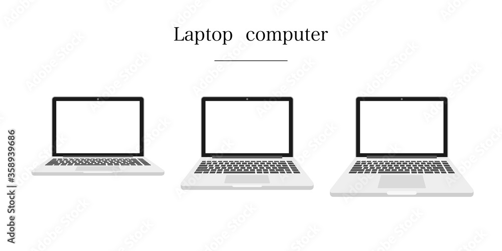 Poster laptop computer that has three views with blank screen on white background. vector illustration