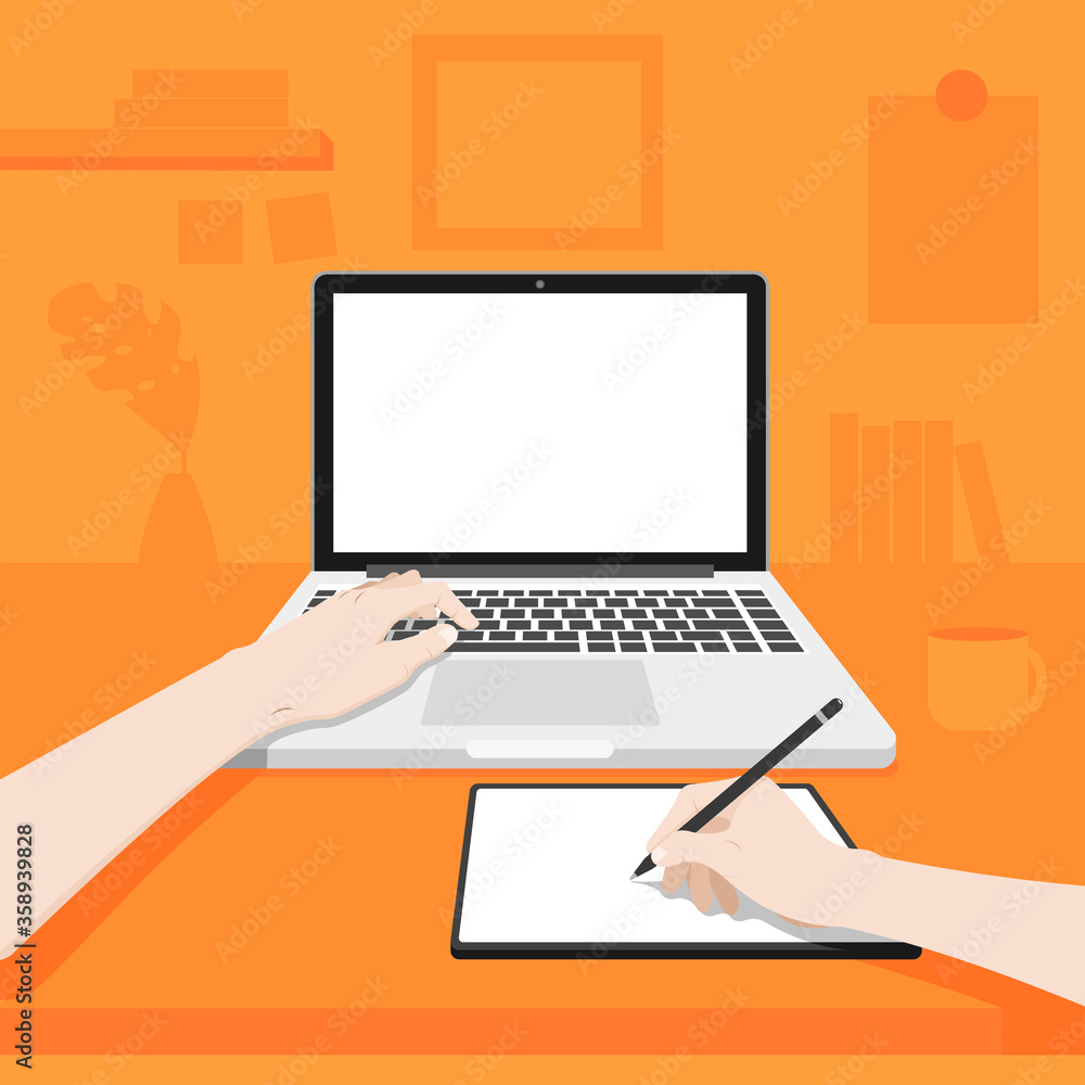 Fototapete working area with the person working. that has blank screen of laptop on the desk. the left hand usi