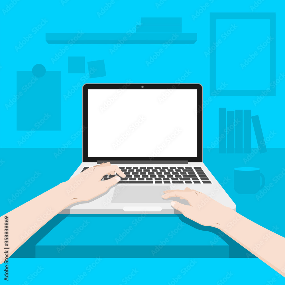 Poster working area with the person working. the left hand using on a keyboard and the right hand touching 