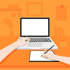 Working area with the person working. That has blank screen of laptop on the desk. the left hand using on a keyboard of laptop and the right hand using a graphics tablet. vector illustration