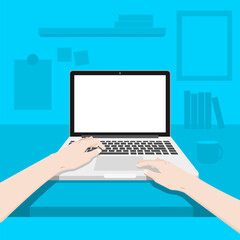 Working area with the person working. the left hand using on a keyboard and the right hand touching on a touchpad of laptop. vector illustration