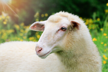 Portrait Sheep  , looking into the camera. Around it and there are yellow flowers and green grass