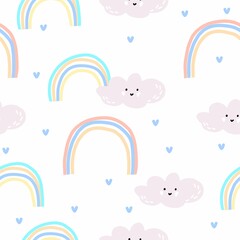 Seamless pattern rainbow clouds heart droplets cute kawaii. pastel yellow, pink, blue, purple. for children. for fabrics and textiles