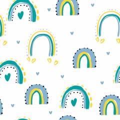 Seamless pattern rainbow clouds heart droplets cute kawaii. gray. yellow. blue. blue. turquoise. for children. for fabrics and textiles