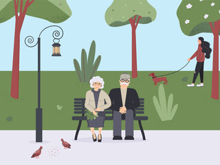 An elderly woman and a man watching pigeons pecking at crumbs in spring city park or forest. Girl walking with dog dachshund, soothing outdoors landscape in trendy funky figures style. Colorful raster