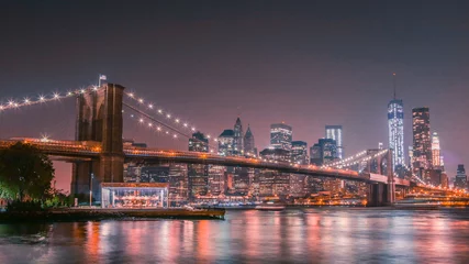 Fotobehang Brooklyn bridge en Manhattan & 39 s nachts © Zimu