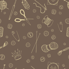 Pattern with accessories for knitting, sewing, embroidery (handmade). Vector illustration. Hand drawn doodle.
