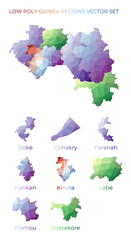 Guinean low poly regions. Polygonal map of Guinea with regions. Geometric maps for your design. Trendy vector illustration.
