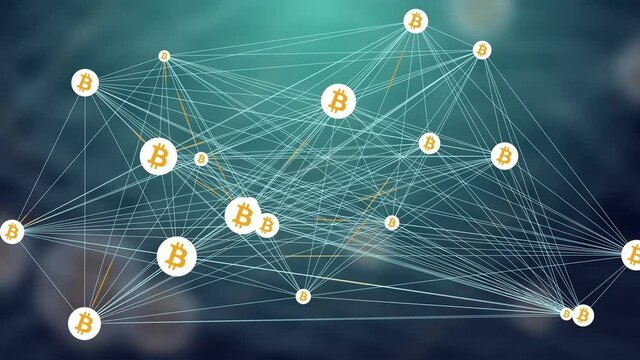 Bitcoin Decentralized Blockchain Cryptocurrency Network and Currency, Animation Concept Loop