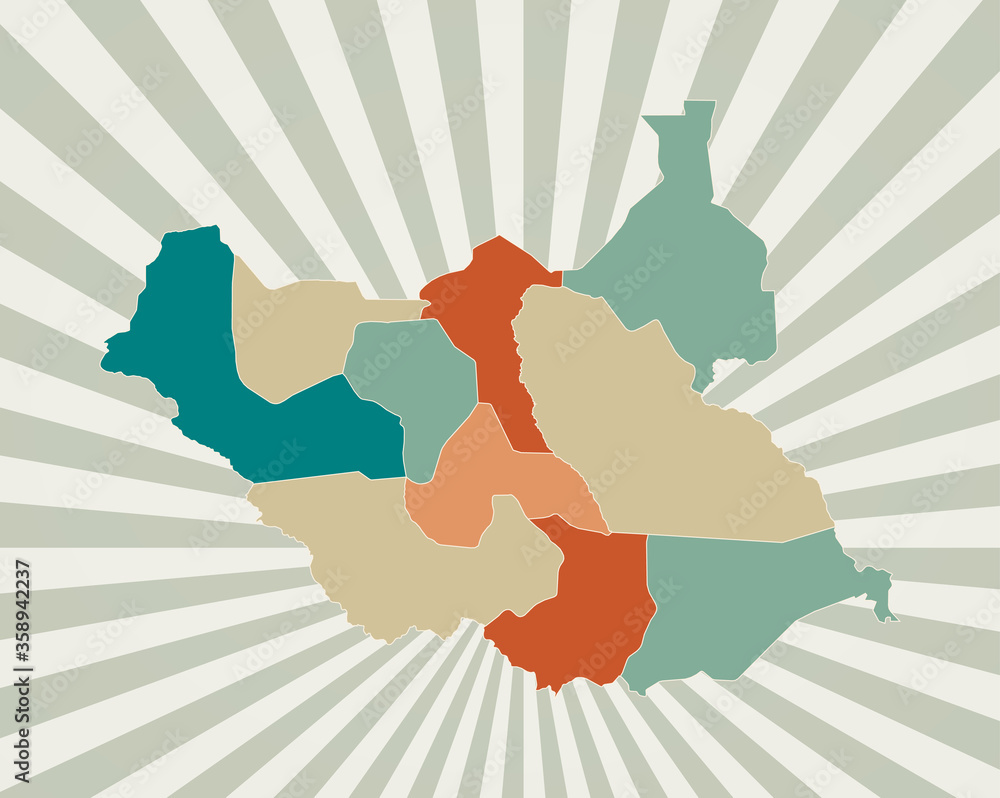 Poster south sudan map. poster with map of the country in retro color palette. shape of south sudan with su