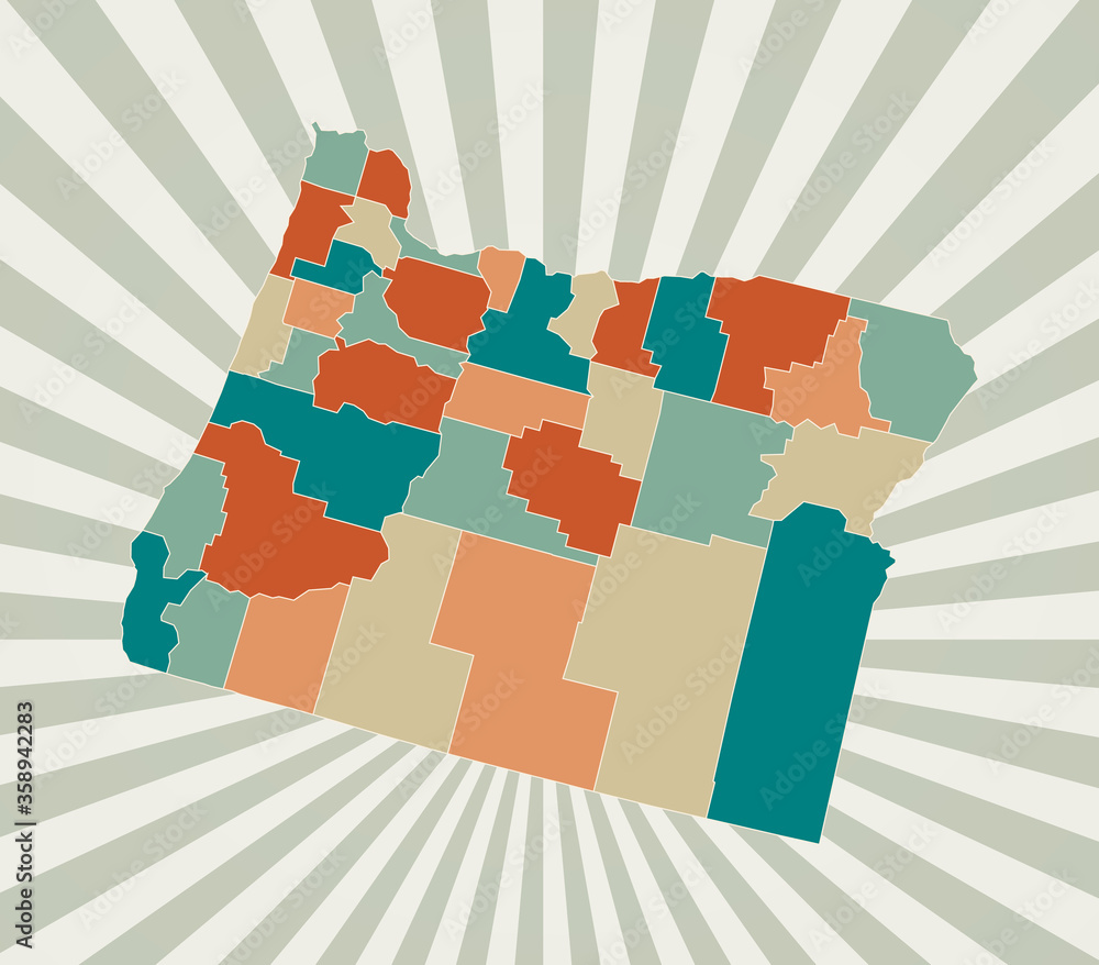 Poster oregon map. poster with map of the us state in retro color palette. shape of oregon with sunburst ra