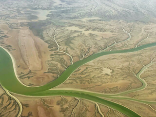 Aerial view of complex river system inside a delta