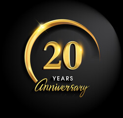 20th years anniversary celebration. Anniversary logo with ring and elegance golden color isolated on black background, vector design for celebration, invitation card, and greeting card
