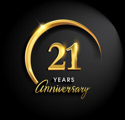 21st years anniversary celebration. Anniversary logo with ring and elegance golden color isolated on black background, vector design for celebration, invitation card, and greeting card