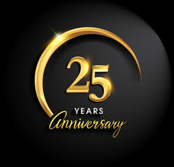 25th years anniversary celebration. Anniversary logo with ring and elegance golden color isolated on black background, vector design for celebration, invitation card, and greeting card