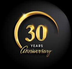 30th years anniversary celebration. Anniversary logo with ring and elegance golden color isolated on black background, vector design for celebration, invitation card, and greeting card