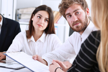 Fototapeta premium Group of business people women and men businessman and businesswoman successful and satisfied gathered together education receiving congratulations sincerely diploma courses qualification