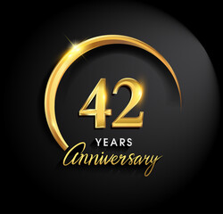 42nd years anniversary celebration. Anniversary logo with ring and elegance golden color isolated on black background, vector design for celebration, invitation card, and greeting card