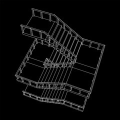 Wireframe stairs, interior staircases steps with railing. Wireframe low poly mesh vector illustration.