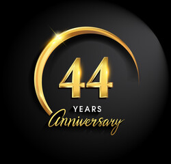 44th years anniversary celebration. Anniversary logo with ring and elegance golden color isolated on black background, vector design for celebration, invitation card, and greeting card
