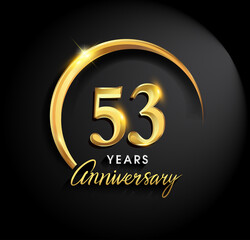 53rd years anniversary celebration. Anniversary logo with ring and elegance golden color isolated on black background, vector design for celebration, invitation card, and greeting card