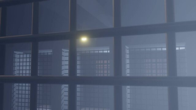 Camera walk in prison. Surrounded by prison cells. Gloomy mood. Fog, rays, daylight. Walk-through the gaol. Crime. Interrogation. Justice. Separated cell. One person. Guard. Walk. 3d Animation