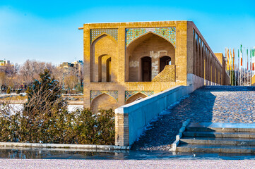 It's Khaju Bridge, arguably the finest bridge in the province of Isfahan, Iran. It was built by the Persian Safavid king, Shah Abbas II, around 1650 C.E.