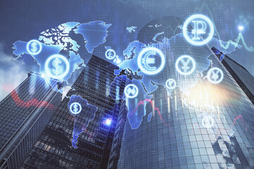 Forex chart on cityscape with skyscrapers wallpaper multi exposure. Financial research concept.