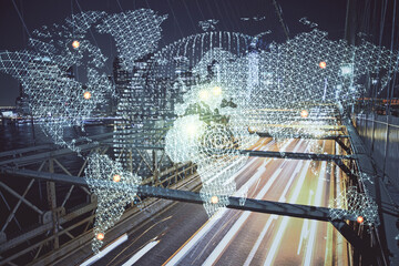 Double exposure of business theme hologram drawing and city veiw background. Concept of success.