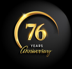 76th years anniversary celebration. Anniversary logo with ring and elegance golden color isolated on black background, vector design for celebration, invitation card, and greeting card