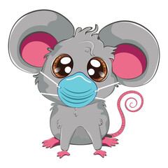 Kawaii grey mouse in face mask