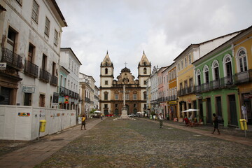 Fototapeta na wymiar View of Sao Francisco Church and Convent at Terreiro de Jesus square in Pelourinho, the historic center of Salvador, Bahia, Brazil. 