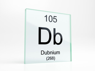 Dubnium element symbol from periodic table on glass icon - realistic 3D render