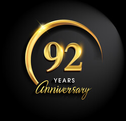 92nd years anniversary celebration. Anniversary logo with ring and elegance golden color isolated on black background, vector design for celebration, invitation card, and greeting card