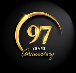 97th years anniversary celebration. Anniversary logo with ring and elegance golden color isolated on black background, vector design for celebration, invitation card, and greeting card